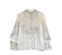 AHUFGN Damen Blusen Vintage Blusen Frauen Rüschen Design Lange Ärmel Einreiher Casual Tops Herbst Süße Perlen Spitze Shirts(Beige)