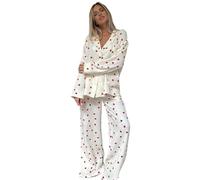 AHUFGN Satin Pyjama Damen Sommer-Pyjama mit Herz-Print, Baumwolle, Langarm-Set, zweiteilig, Revers, Robe, Knopf, Damen-Nachthemd(M,Style1)