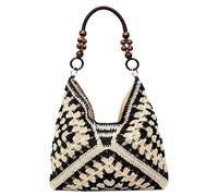 AHXHA Geflochtene Tasche Damen Sommer Handtasche Boho Strohtasche Strandtasche Shopper Tasche Stroh Woven Bag Flechttasche Für Strand Urlaub Alltag Urlaub (05 - Schwarz Color-Block)