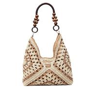 AHXHA Geflochtene Tasche Damen Sommer Handtasche Boho Strohtasche Strandtasche Shopper Tasche Stroh Woven Bag Flechttasche Für Strand Urlaub Alltag Urlaub (02 - Braun Color-Block)