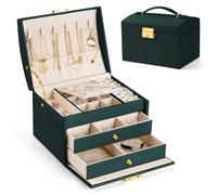 Aidodo Schmuckkästchen 3 Ebenen, Schmuckkasten mit 2 Schubladen, PU Leder, Schmuckaufbewahrung für Ringe, Ohrringe, Halsketten und Uhren, Schmuckschatulle mit Schloss und Schlüssel