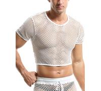 AIEOE Crop Top Herren Durchsichtig Fischnetz Muskelshirt Sexy Kurz T-Shirt Netz Rundhals Transparent Oberteil Casual Sport Gym - M