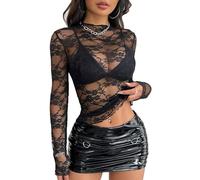AIEOE Damen Tops Sexy Langarmshirt Transparentes Durchsichtige Spitze Netz Oberteil Frauen Bluse Blumenmuster Größe M Schwarz
