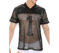 AIEOE Fischnetz T-Shirt Herren PU Kunstleder Durchsichtiges Oberteil Sport Kurzarm Shirts V Ausschnitt Mesh Sexy Top - S