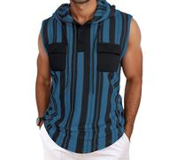 AIEOE Herren Gestreifte Shirt Ärmellos Sportlich Weste Sommer Kapuze Muskelshirt mit Taschen Sweatshirt L
