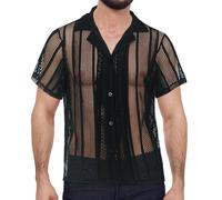AIEOE Herren Hemd Spitze Kurzarm Durchsichtiges Hemd Hollow-Out Shirt Clubwear Oberteil Schwarz 01 EU Größe S/Herstellergröße M