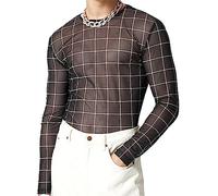 AIEOE Herren Transparent Shirts Langarm Muskel Netzhemd Sexy Kariert Netzshirt Netz Hemd T-Shirt Club Wear Sommer Netzoberteil - EU M