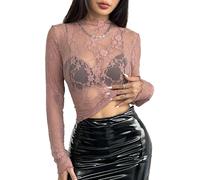 AIEOE Langärmeliges Spitzenoberteil Blumenmuster für Damen Sheer Mesh Sexy Durchsichtige Oberteil Frauen Größe XL Rosa