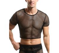 AIEOE Muskelshirt Herren Fischnetz Durchsichtig Crop Top Kurz Netz T-Shirt Sexy Oberteil Rundhals Transparent Casual Sport Gym - L