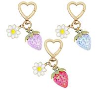 AIFUDA Erdbeer- und Gänseblümchen-Schlüsselanhänger, niedliche Herz-Blumen, Zubehör für Mädchen, Geldbörse, 3 Stück, Rot, Blau, Lila, Violett, 17x6.5x1.9