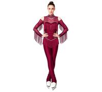 Aiihoo Damen Eiskunstlauf Tanzkostüm Jumpsuit Turnanzug Langarm Tanzbody mit Glitzern Fransen Swing Strandard Dance Samba Cha Cha Outfit Burgund XL