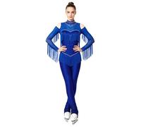 Aiihoo Damen Eiskunstlauf Tanzkostüm Jumpsuit Turnanzug Langarm Tanzbody mit Glitzern Fransen Swing Strandard Dance Samba Cha Cha Outfit Blau XL