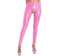 Aiihoo Damen Lack Leder Leggings Lederhose High Waist Leggings Lang Hose Ouvert Strumpfhosen Kunstleder Wetlook Lederhose Rosa 3XL