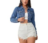 AiiUp Cropped-Jeansjacke für Damen, langärmelig, klassisch, lässig, bauchfrei, Denim-Jacke, Blau, X-Large