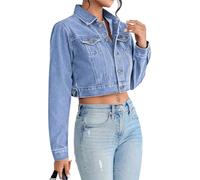 AiiUp Cropped-Jeansjacke für Damen, langärmelig, klassisch, lässig, bauchfrei, Denim-Jacke, Hell, blau, Large
