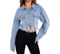 AiiUp Cropped-Jeansjacke für Damen, langärmelig, klassisch, lässig, bauchfrei, Denim-Jacke, Hellblau, X-Large