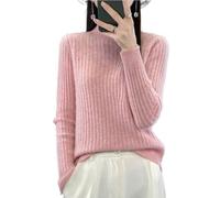 Ailaile 100% Merinowolle Pullover Damen Herbst Winter Mock Neck Langarm Groove Streifen Pullover Warm Weich Strickoberteile, Pink, Groß