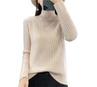Ailaile 100% Merinowolle Pullover Damen Herbst Winter Mock Neck Langarm Groove Streifen Pullover Warm Weich Strickoberteile, Beige, Groß