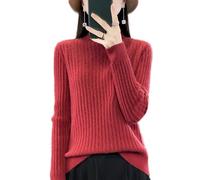Ailaile 100% Merinowolle Pullover Damen Herbst Winter Mock Neck Langarm Groove Streifen Pullover Warm Weich Strickoberteile, Goldfarben/Rot, Groß