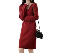 Ailaile 100% Merinowolle Pullover Damen V-Ausschnitt Langarm Strick Longpullover Herbst Winter Dicke Tops, Goldfarben/Rot, Mittel