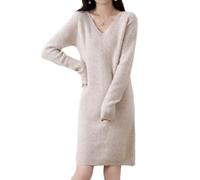 Ailaile 100% Merinowolle Pullover Damen V-Ausschnitt Langarm Strick Longpullover Herbst Winter Dicke Tops, Milchkamel, Mittel