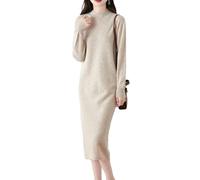Ailaile 100% Merinowolle Pulloverkleid Damen Langarm Mock Neck Gerippter Pullover Herbst Winter Strick Lange Tops, Milchkamel, Klein