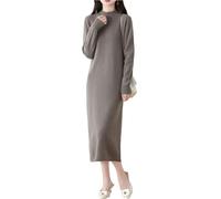 Ailaile 100% Merinowolle Pulloverkleid Damen Langarm Mock Neck Gerippter Pullover Herbst Winter Strick Lange Tops, steingrau, Groß