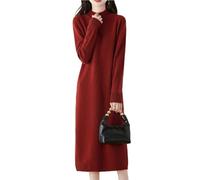 Ailaile 100% Merinowolle Pulloverkleid Damen Langarm Mock Neck Gerippter Pullover Herbst Winter Strick Lange Tops, Ziegelrot, Klein