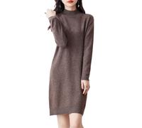 Ailaile 100% Merinowolle Pulloverkleid Damen Langarm Mock Neck Pullover Herbst Winter Strick Langes Kleid, mokkabraun, Mittel