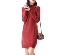 Ailaile 100% Merinowolle Pulloverkleid Damen Langarm Mock Neck Pullover Herbst Winter Strick Longpullover, Goldfarben/Rot, X-Groß
