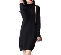 Ailaile 100% Merinowolle Pulloverkleid Damen Langarm Mock Neck Pullover Herbst Winter Strick Longpullover, Schwarz, Klein