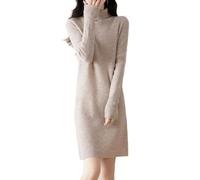 Ailaile 100% Merinowolle Pulloverkleid Damen Langarm Strick Rollkragen Pullover Herbst Winter Slim Long Tops, Milchkamel, Groß