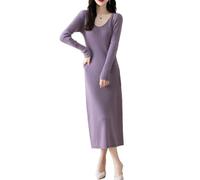 Ailaile 100% Merinowolle Pulloverkleid Damen Langarm Strick V-Ausschnitt Herbst Winter Slim Long Tops, Helles Violett, X-Groß