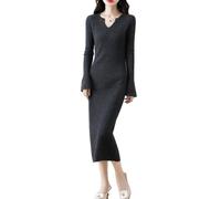 Ailaile 100% Merinowolle Pulloverkleid Damen Langarm Strick V-Ausschnitt Pullover Herbst Winter Slim Long Tops, grau dunkel, Mittel