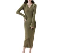Ailaile 100% Merinowolle Pulloverkleid Damen Langarm Strick V-Ausschnitt Pullover Herbst Winter Slim Long Tops, Matcha-Grün, Mittel