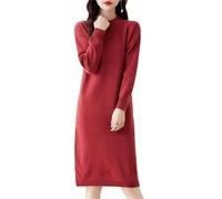 Ailaile 100% Merinowolle Pulloverkleid Damen Mittellang O-Ausschnitt Langarm Pullover Rundhals Herbst Winter Strickkleid, Goldfarben/Rot, Klein