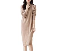 Ailaile 100% Merinowolle Pulloverkleid Damen Mittellang O-Ausschnitt Langarm Pullover Rundhals Herbst Winter Strickkleid, CAMEL, Mittel