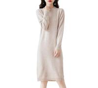 Ailaile 100% Merinowolle Pulloverkleid Damen Mittellang O-Ausschnitt Langarm Pullover Rundhals Herbst Winter Strickkleid, Milchkamel, Mittel