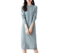 Ailaile 100% Merinowolle Pulloverkleid Damen Mittellang O-Ausschnitt Langarm Pullover Rundhals Herbst Winter Strickkleid, Grau / Grün, Klein