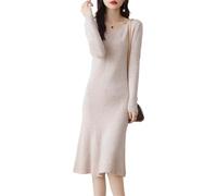 Ailaile 100% Wolle Pulloverkleid Damen Mittellang Mädchen Slim Fit V-Ausschnitt Langarm Pullover A-Linie Strick Langes Kleid, Milchkamel, Klein