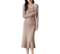 Ailaile 100% Wolle Pulloverkleid Damen Mittellang Mädchen Slim Fit V-Ausschnitt Langarm Pullover A-Linie Strick Langes Kleid, CAMEL, Mittel