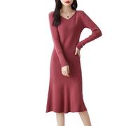 Ailaile 100% Wolle Pulloverkleid Damen Mittellang Mädchen Slim Fit V-Ausschnitt Langarm Pullover A-Linie Strick Langes Kleid, Bean Red, X-Groß