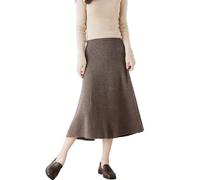 Ailaile A-Linien-Rock für Damen, Herbst und Winter, 100 % Merinowolle, Strick, langer Rock, gerippt, elastische Taille, lässig, warm, lockerer Rock, mokkabraun, Mittel