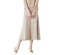 Ailaile A-Linien-Rock für Damen, Herbst und Winter, 100 % Merinowolle, Strick, langer Rock, gerippt, elastische Taille, lässig, warm, lockerer Rock, Beige, Mittel