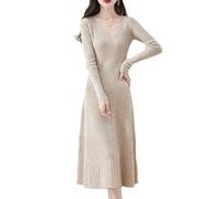 Ailaile Damen Pulloverkleid 100% Merinowolle Pullover Langarm V-Ausschnitt Strick Slim Tops, Milchkamel, Klein