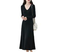 Ailaile Damen Pulloverkleid 100% Merinowolle Pullover Langarm V-Ausschnitt Strick Slim Tops, Schwarz, X-Groß