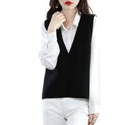 Ailaile Damen Tiefer V-Ausschnitt Strickweste Sweater 100% Merinowolle Ärmellos Pullover Basic Bluse Kurz Tops, Schwarz, Groß