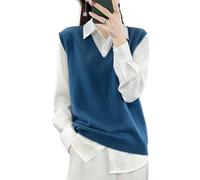 Ailaile Damen V-Ausschnitt Strickpullover Weste 100% Merinowolle Leicht Ärmellos Pullover Basic Weste Kurze Tops, Blau (Ink Blue), Groß