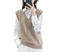 Ailaile Damen V-Ausschnitt Strickpullover Weste 100% Merinowolle Leicht Ärmellos Pullover Basic Weste Kurze Tops, CAMEL, 3X-Groß