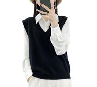 Ailaile Damen V-Ausschnitt Strickpullover Weste 100% Merinowolle Leicht Ärmellos Pullover Basic Weste Kurze Tops, Schwarz, Mittel